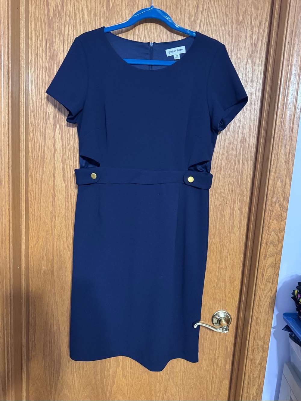 Shelby & Palmer Navy Short-Sleeve Sheath Dress with Gold Buttons